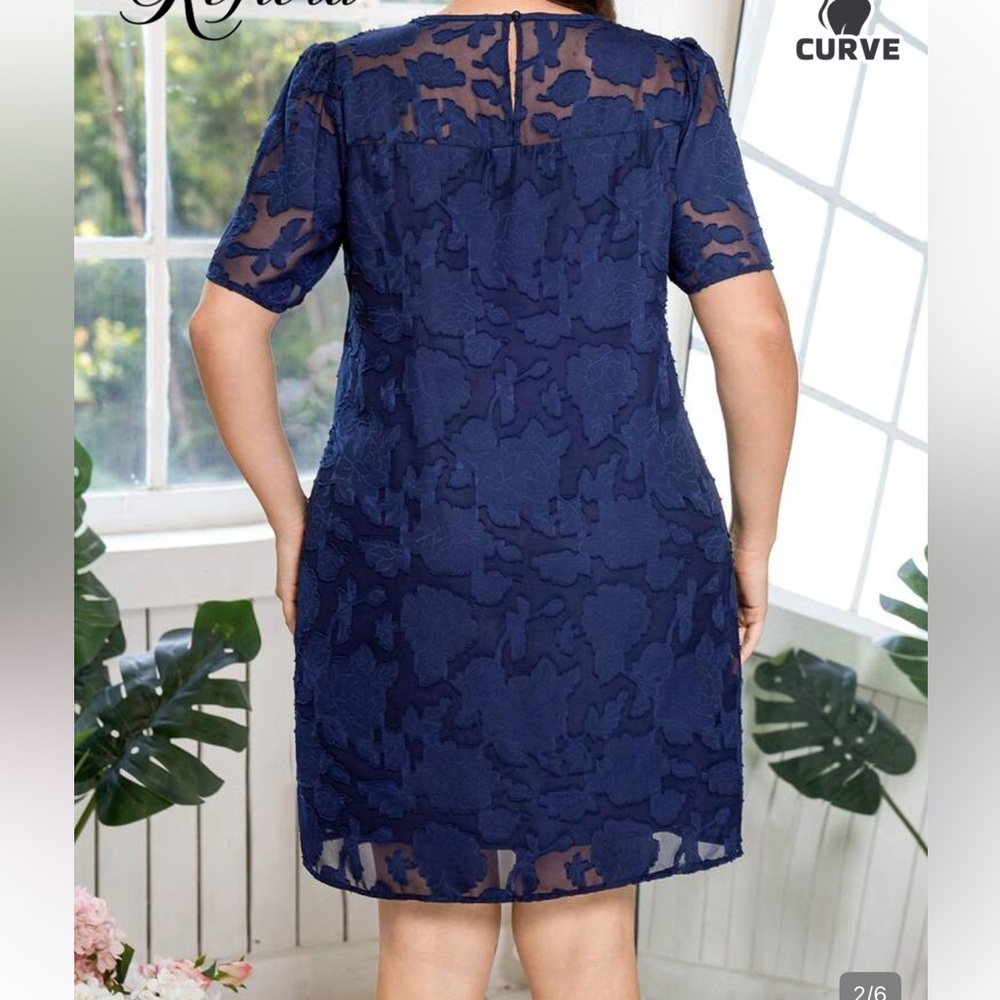 Navy Blue Floral Lace Midi Dress with Short Sleeves- New/no tag - 1XL